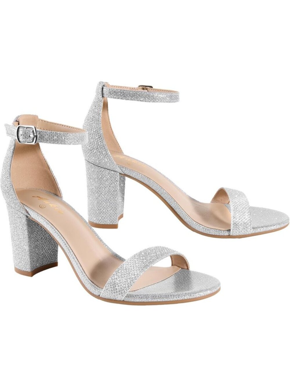 Women's New Silver Glitter Open Toe Buckle Ankle Strap Chunky Heels Sandals